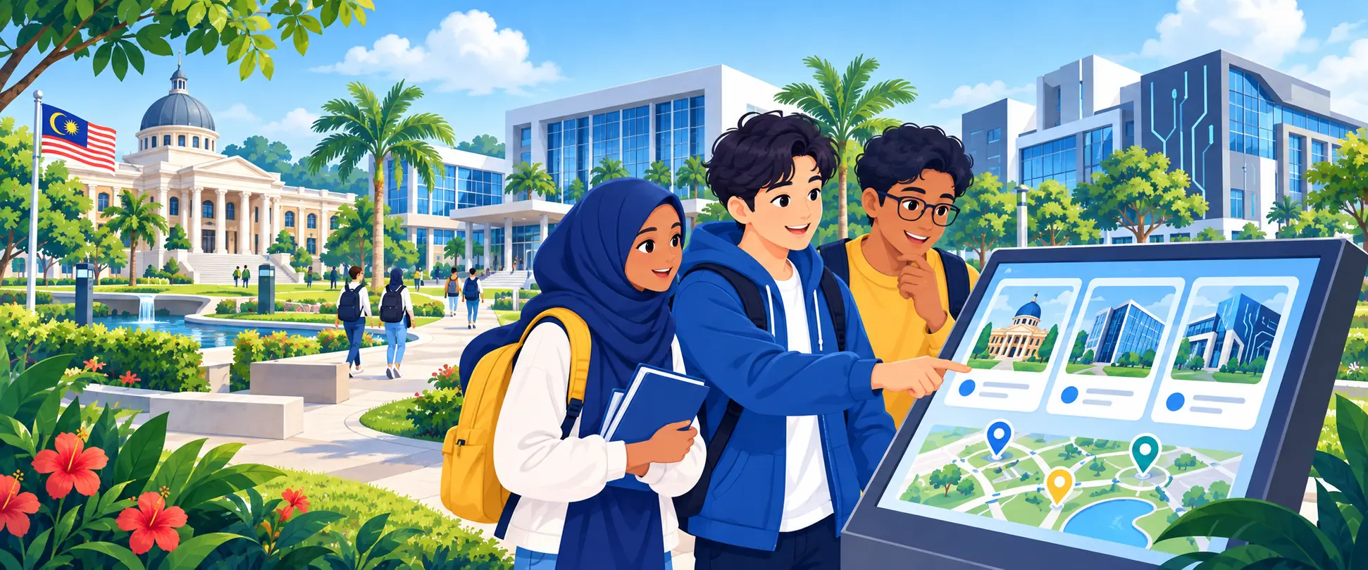 International students comparing university options on a Malaysian campus